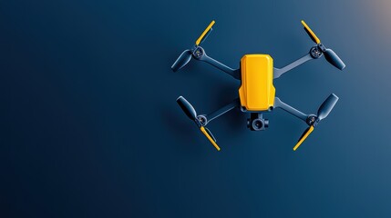Poster - Bright Yellow Drone on Dark Background with Four Rotors and Camera