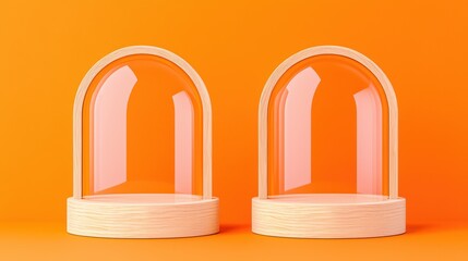 Poster - Elegant Glass Domes on Wooden Bases Against Bright Orange Background