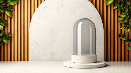 Poster - Modern Display Stand with Glass Dome Surrounded by Greenery