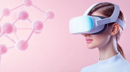 Poster - Young Woman Wearing Virtual Reality Headset with Molecular Structure