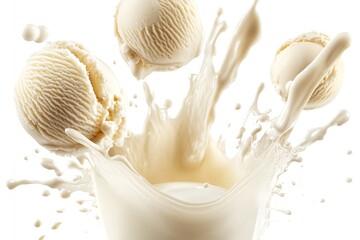 Poster - Splashing Milk and Vanilla Ice Cream Scoops Frozen Dessert Delight : Generative AI