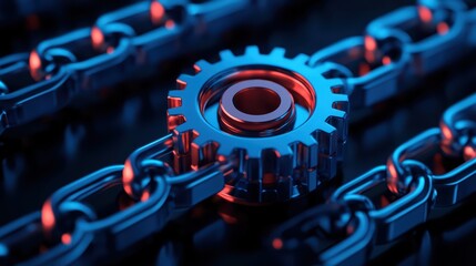 Poster - Metallic Gear and Chain Links in Blue and Red Lighting Composition