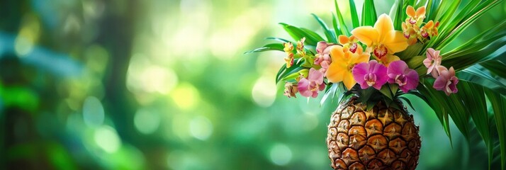 Poster - Colorful arrangement of flowers in a pineapple centerpiece surrounded by lush greenery. Generative AI