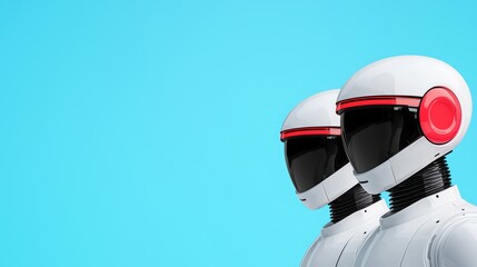 Poster - Futuristic robots with helmets and sleek design on blue background