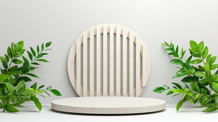 Poster - Minimalist Display with Circular Pedestal and Green Foliage Accent