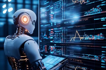 Aufkleber - Robot Processing Financial Data on Advanced Digital Screen in High-Tech Office Environment : Generative AI