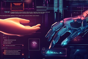 Poster - Futuristic Human and Robot Handshake with Digital Interface Imagery Background : Generative AI