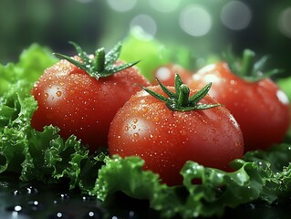 Poster - Closeup of Juicy Tomatoes and Crispy Lettuce with Water Droplets for Fresh Salad Preparation : Generative AI