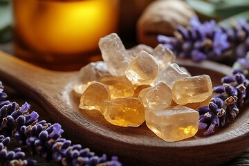 Poster - Amber Rough Crystals Resting on Wooden Spoon Surrounded by Lavender Flowers : Generative AI