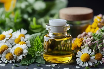 Aufkleber - Organic Herbaceous Essential Oil with Chamomile in Fresh Floral Environment : Generative AI