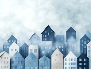 Poster - Blue Toned Cityscape of Misty Houses with Soft and Dreamy Quality : Generative AI