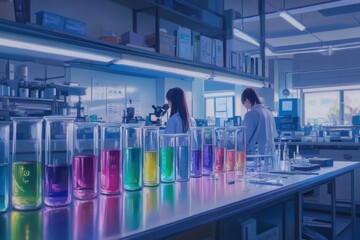 Leinwandbilder - Laboratory environment showcasing various colorful test tubes and scientists engaged in research activities. Generative AI
