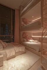 Aufkleber - Luxurious Modern Bedroom Interior with Bunk Beds and City Skyline Example of Cozy Urban Living : Generative AI