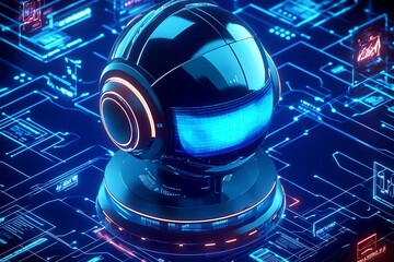 Poster - Innovative Robotic Interface with Neon Blue Features in a Complex Cyberspace : Generative AI