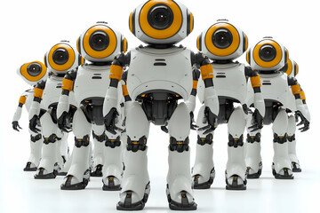 Poster - Team of Futuristic Robots Standing in Formation. A 3D rendering of a group of small, white and orange robots with large, round eyes standing in format