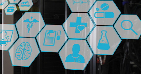 Poster - Image of scientific and medical icons with data processing over computer servers