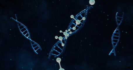 Poster - Image of floating molecules over dna strands on dark backgraund