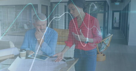 Poster - Image of financial data processing over diverse business people in office