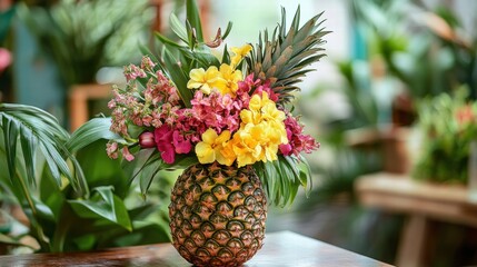 Aufkleber - Decorative pineapple centerpiece featuring vibrant flowers in a lush setting. Generative AI