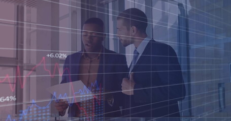 Poster - Image of financial data processing over diverse business people in office
