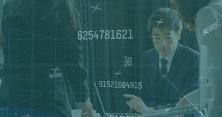 Poster - Image of processing data over caucasian businessman talking at office meeting