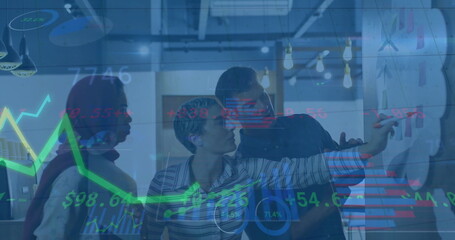 Poster - Image of charts processing data over diverse colleagues brainstorming at casual office