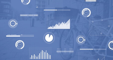 Poster - Image of charts processing data over blue city street with bikes