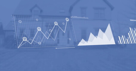 Poster - Image of interface charts processing data over blue house