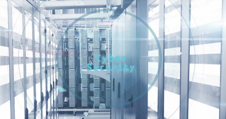 Poster - Image of cyber security text and biometric eye scanner over server room