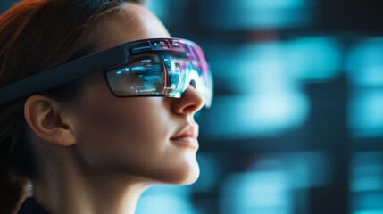 Wall Mural - A Focused Young Woman Wearing Augmented Reality Glasses, Exploring Digital Interface Projections In A Futuristic Environment With Soft Blue Lighting