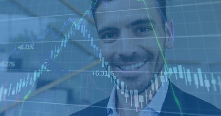 Poster - Image of chart and data processing over happy caucasian bsuinessman using smartphone