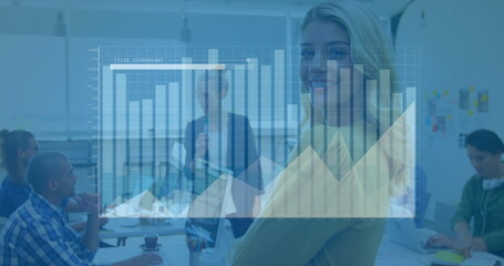 Poster - Image of graph processing data over diverse colleagues at casual office meeting
