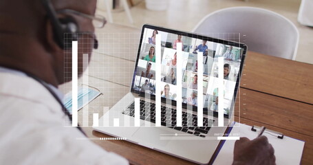 Poster - Image of financial data processing over african american man on laptop video call