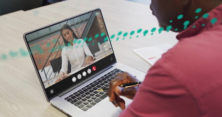 Poster - Image of financial data processing over african american man on laptop video call