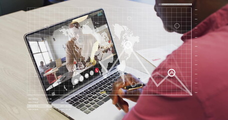 Poster - Image of financial data processing over african american man on laptop video call