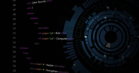 Poster - Image of data processing over blue circular scanner on black background