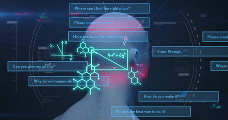 Poster - Scientific formulas and questions over image of human head and molecular structures