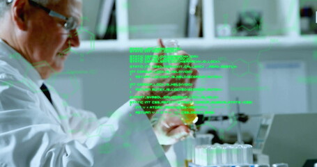 Poster - Image of data processing and chemical formula over caucasian male scientist taking sample