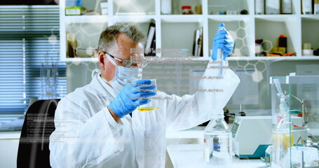 Poster - Image of data processing and chemical formula over caucasian male scientist taking sample