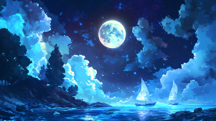 night landscape with moon and clouds moonlight water sea clouds blue landscape fantasy astronomy bla