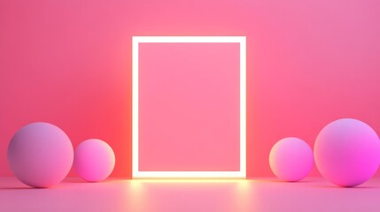 Poster - Minimalist Composition with Neon Frame and Soft Spheres on Pink Background for Creative Designs and Modern Art Concepts