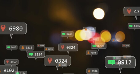 Poster - Social media notifications and location pins image over blurred city lights background