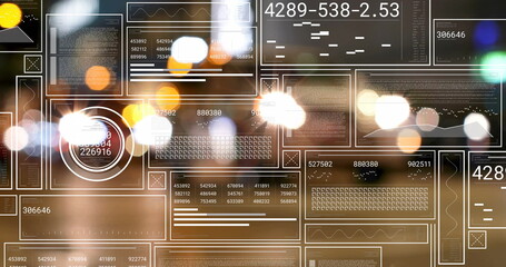 Poster - Data processing and analysis image over blurred city lights background