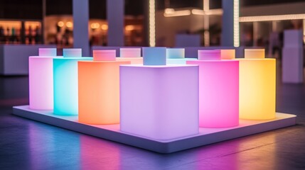 Poster - Colorful Illuminated Cubes in a Modern Exhibition Space with Soft Lighting, Creating a Calming and Vibrant Atmosphere Ideal for Art Displays and Photography