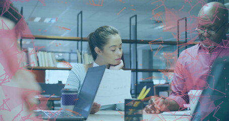 Poster - Image of shapes moving over diverse business people discussing work