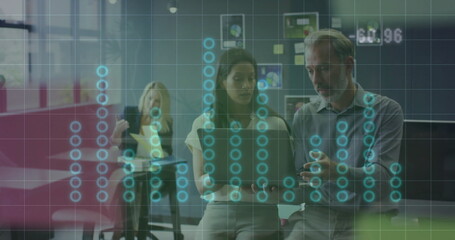 Poster - Image of financial data processing over diverse colleagues discussing work in office