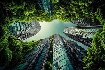 Poster - Tall Skyscrapers with Verdant Foliage Creating Urban Green Spaces : Generative AI