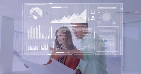 Poster - Image of financial data processing over diverse business people in office