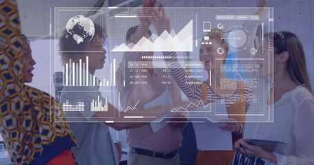 Poster - Image of financial data processing over diverse business people in office