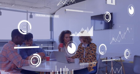 Poster - Image of financial data processing over diverse business people in office